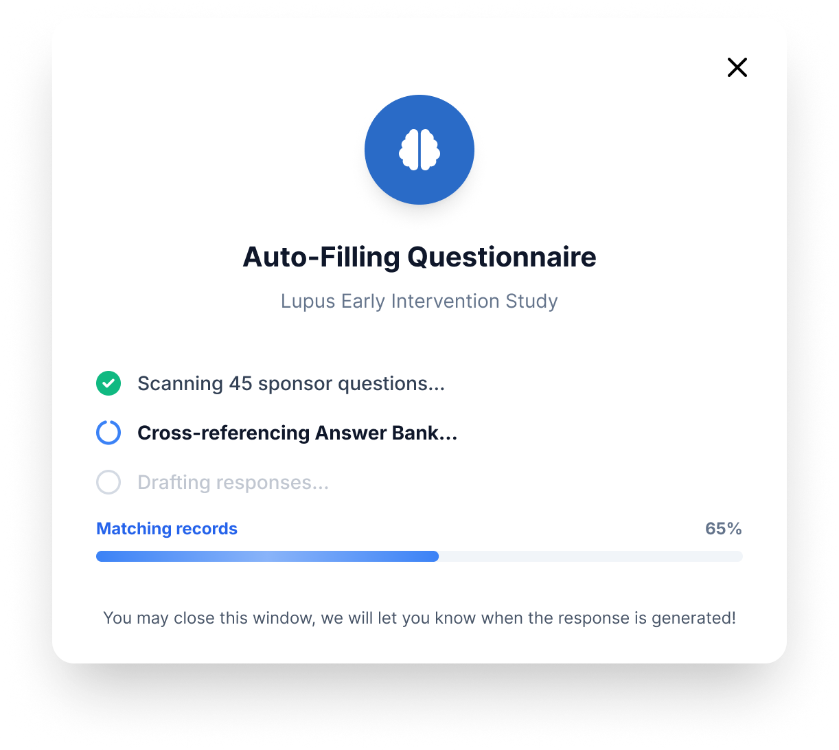 An Auto-Filling Questionnaire dialog scanning sponsor questions and cross-referencing the Answer Bank.