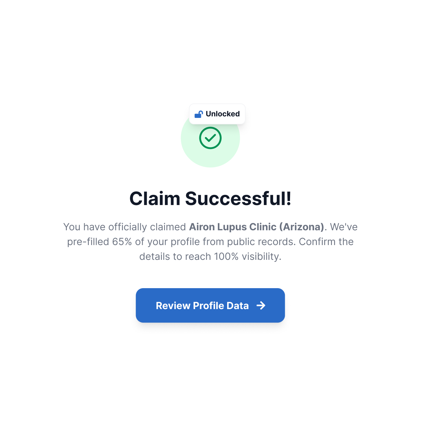 A confirmation screen reading Claim Successful for a research site profile.