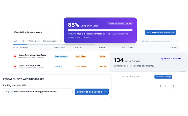 A research site profile in SiteCentral showing its match score and study invitations.